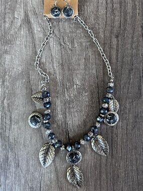 Mirabella Blue Black Beaded Leaf Necklace & Earrings Set
